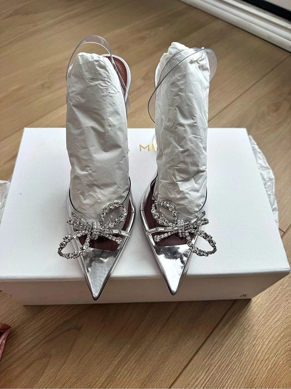 Brand New Amina Muaddi Rosie Glass Sling 95 Crystal Bow Heels Silver & Pink EU 3